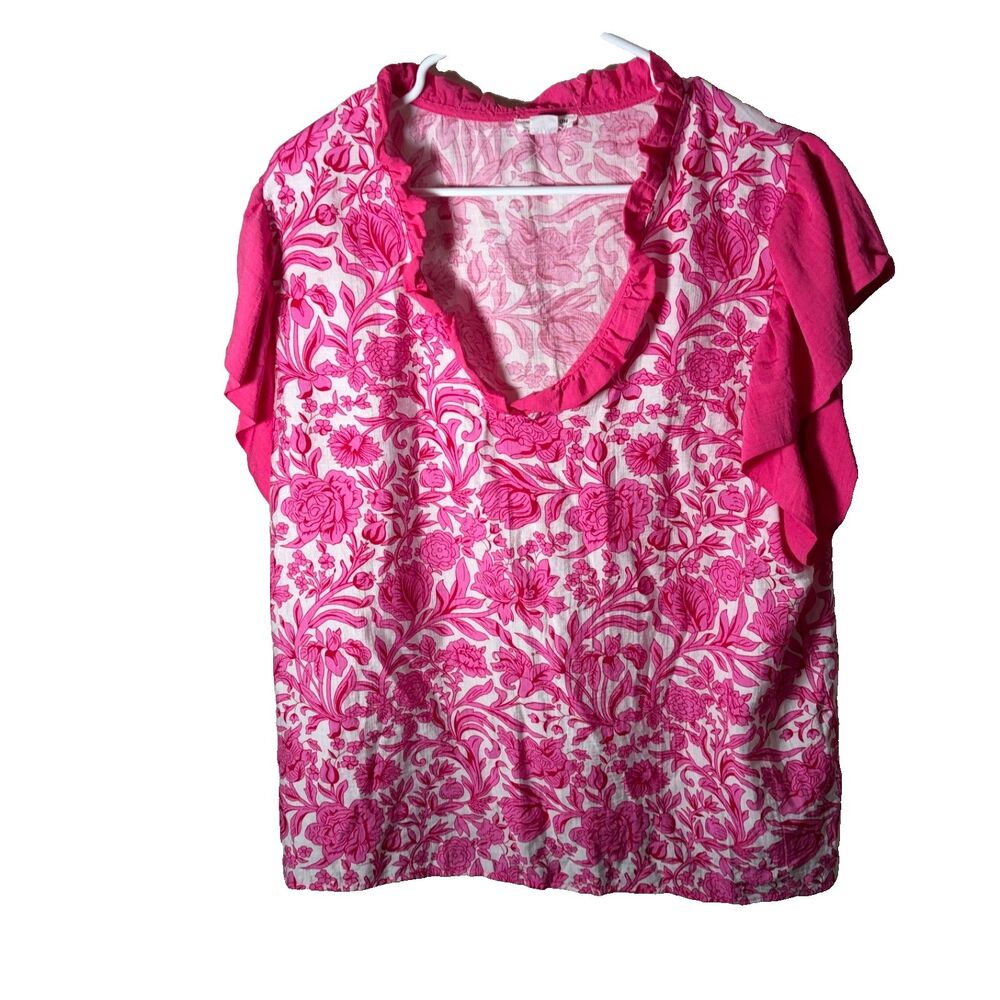 Chic Soul T-Shirt Women's 2X Pink Floral V-Neck Ruffle Short Sleeve Top